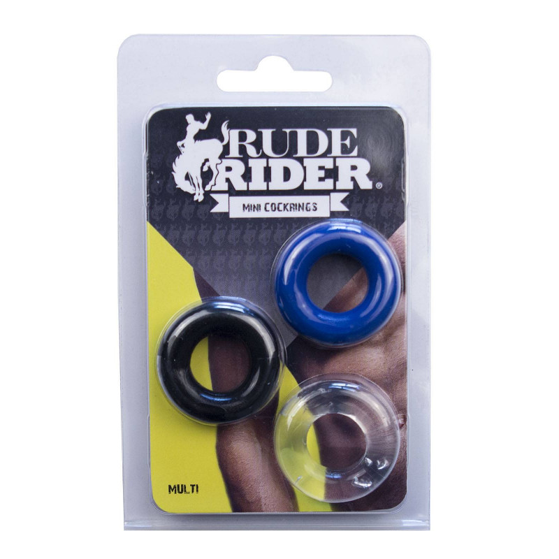 RudeRider Mini Cock Rings Clear Black Blue (3-Ring-Set) (T6265)